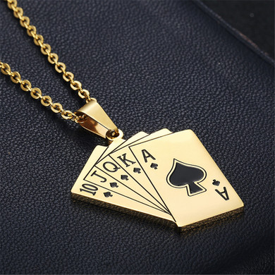 Card Hustler Poker Lucky Flush Gold Silver over No Fade Stainless Steel Pendant Chain