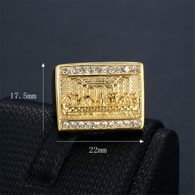 Mens 14k Gold Over No Fade Stainless Steel Jesus Last Supper Bling Rings 