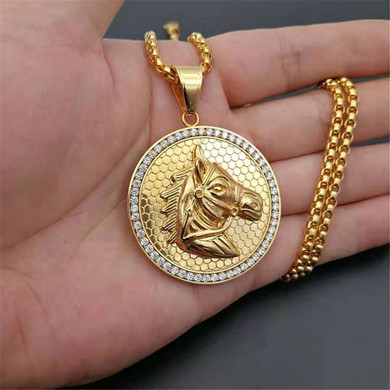 No Fade 14k Gold over Stainless Steel Horse Head Lover Bling Pendant Chain Necklace 