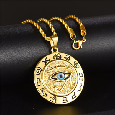 No Fade 14k Gold over Stainless Steel Eye Of Horus Ancient African Pendant Chain Necklace 