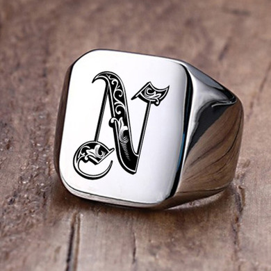 Mens Custom Made No Fade Silver Stainless Old English Letters Initial Ring