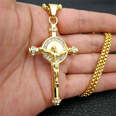 14k Gold Silver Over No Fade Stainless Steel Hip Hop Jesus Cross Pendant Chain Necklace