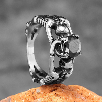 No Fade Stainless Steel Black Gemstone Skeleton Tomb Raider Bling Rings