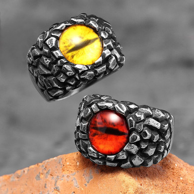 Mens No Fade Silver Stainless Steel Red Yellow Devil's Eye Rings