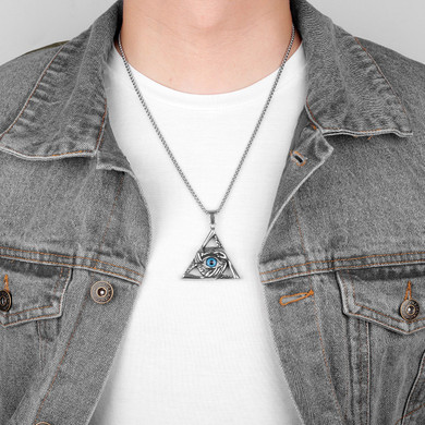 Mens Stainless Steel Eye Of the Guardian Triangle No Fade Pendant Chain Necklace