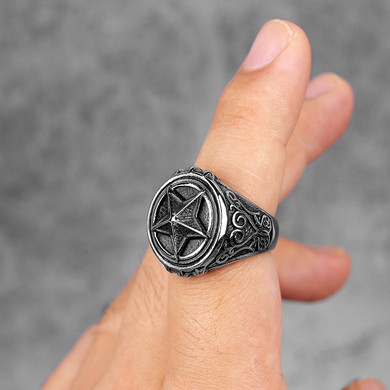 Mens 316L No Fade 3D Raised Pentagram Stainless Steel Street Wear Rings