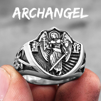 Mens Detailed 316L Stainless Steel Archangel St Michael Amulet Shield Street Wear Rings