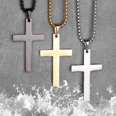 Mens Simple Style 316L Stainless Steel Spiritual Cross Pendant Gold Black Silver