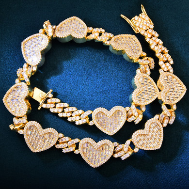 18k 925 Silver rose Gold Show Stopper Baguette Heart Street Wear Casual Cuban Link Necklace
