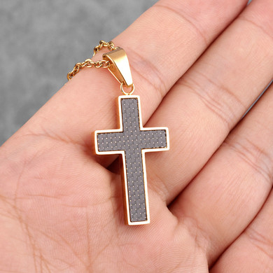 Mens No Fade Stainless Steel Carbon Fiber Black Gold 14k Cross Pendant Chain Necklace