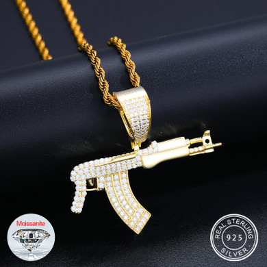 Mens Solid 925 Sterling Silver Submachine Gun Pistol Pendant Hip Hop Chain