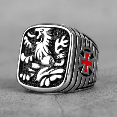 Mens 316L Royal Lion Red Accent Stainless Steel Street Wear Rings