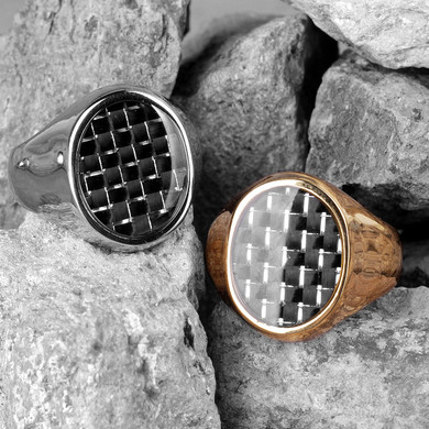 Mens 14k Gold Over 316L No Fade Stainless Steel Carbon Fiber Pinky Style Rings