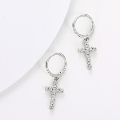 Solid 925 Sterling Silver VVS Diamond Hoop Cross Prong Set Fine Jewelry Earrings