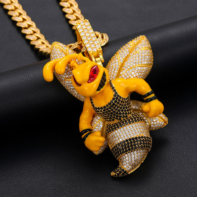 925 Solid Sterling Silver Killer Bee Bee's Genuine Lab Diamond Hip Hop Chain Pendant