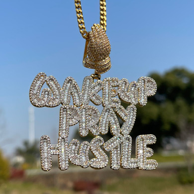 Big Boy Iced Name Plate Wake Up Pray Hustle Hip Hop Chain Pendant