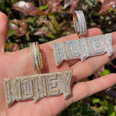Mens Iced Blinged Out Baguette Hip Hop Chain Money Name Plate Pendant