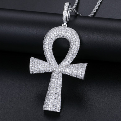 Genuine VVS Diamond Iced Blinged Out Ankh Cross 925 Silver Pendant Chain