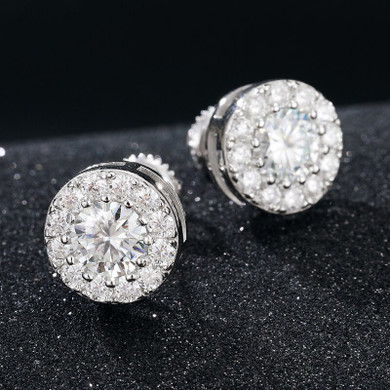 Genuine VVS Diamond Solid 925 Sterling Silver Iced Bling Out Round Stud Earrings