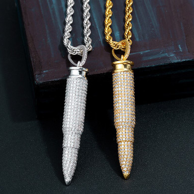 Mens Fully Iced Choppa Bullet Hip Hop Pendant Chain Necklace