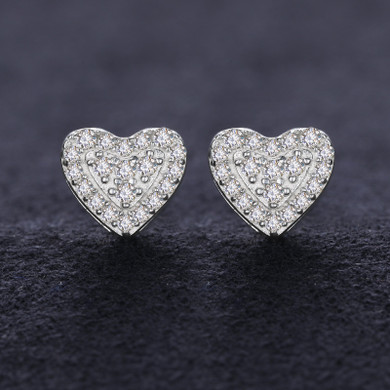 Ladies Genuine VVS Diamond Heart Prong Set Solid 925 Silver Bling Bling Earrings
