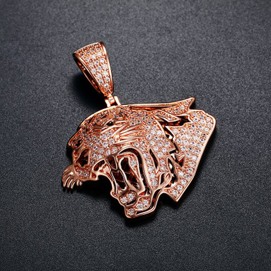 Mens Flooded Ice Roaring Tiger 18k 925 Silver Rose Gold Hip Hop Pendant Chain