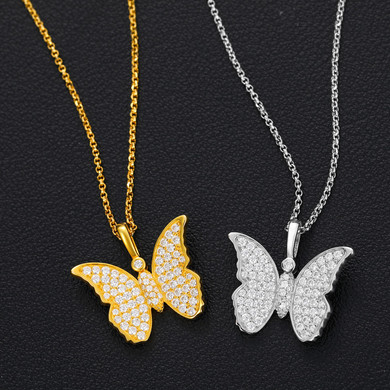 Ladies Solid 925 Sterling Silver VVS Diamond Butterfly Casual Bling Bling Pendant Necklace