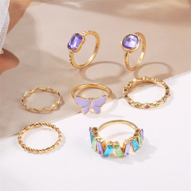 Ladies Purple  Butterfly 7pcs Green Emerald 6pcs Piece Gold Bohemian Ring Set