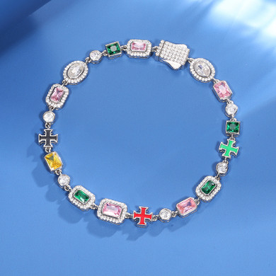 Exquisite Templar Cross Colorful Gemstone Solid 925 Silver Chain Necklace Bracelets