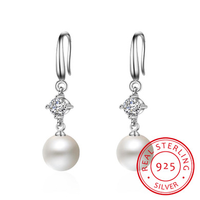Ladies Fine Jewelry Solid 925 Sterling Silver Pearl Drop Earrings