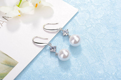 Ladies Fine Jewelry Solid 925 Sterling Silver Pearl Drop Earrings