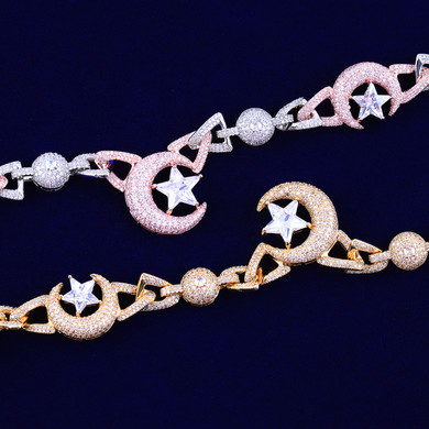 Crescent Moon Star | VVS Diamond CZ Spiritual Celestial Link Hip Hop Chain Necklace