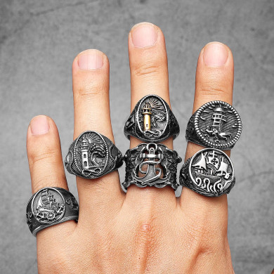 Nautical Navigator | 316L No Fade Stainless Steel Anchor Lighthouse Ocean Sailor Ship Men Rings