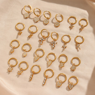 18k Gold Stainless Steel Waterproof Bling CZ Charm Cross Heart Butterfly Star Earrings
