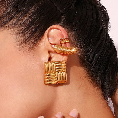 Ladies Four Square Bling 18k Gold Solid Stainless Steel Waterproof Earrings