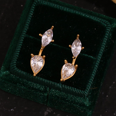 Oval Teardrop 18k Gold Zircon Stone Water Resistant Stainless Steel Bling Earrings