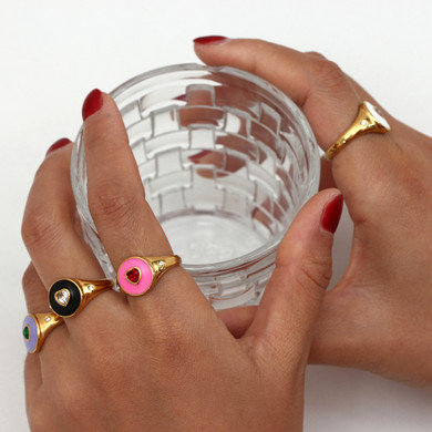 Black Purple Pink CZ Heart Stone 18k Gold Stainless Steel Waterproof Bling Rings