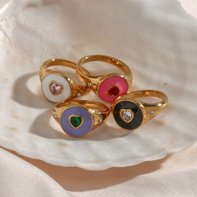 Black Purple Pink CZ Heart Stone 18k Gold Stainless Steel Waterproof Bling Rings