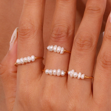 Ladies 18k Gold Waterproof Stainless Steel Freshwater Pearls Rings