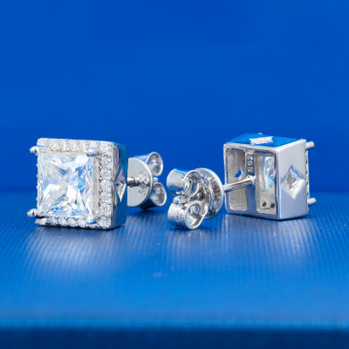 925 Sterling Silver Moissanite Diamond Halo Stud Hip Hop Princess Cut Earrings