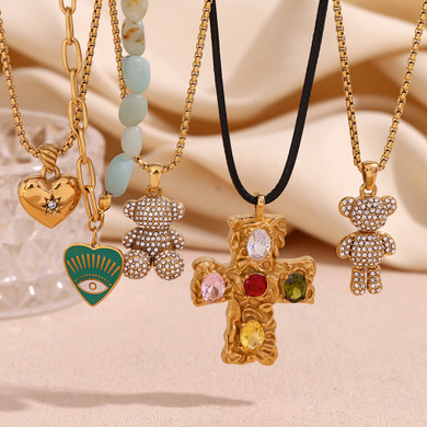 18k Gold Waterproof Teddy Bear All Seeing Eye Pearl Chain Hip Hop Pendants Necklaces