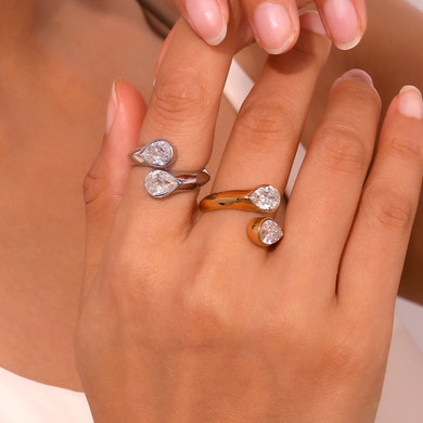 Womens Double Tear Drop CZ Bling Adjustable Waterproof Stainless Steel Rings