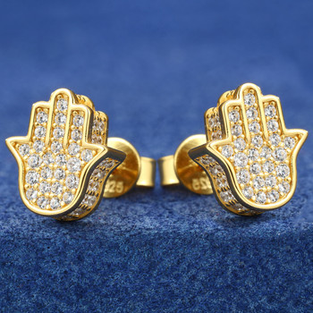 The Allure of Mystic Hand: 24k Gold and Solid Silver Fatima Hamsa Hands Stud Earrings Featuring Moissanite Diamonds