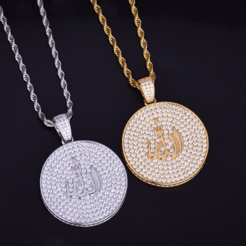 Mens 24k Gold .925 Silver AAA Micro Pave Flooded Ice Allah Hip Hop Chain Pendant