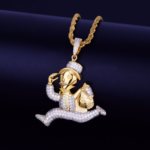 18k Gold Monopoly Money Bags Cuban Link Hip Hop Pendant Chain Necklace