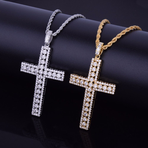 Mens 18k Gold .925 Silver Ultra Ice Silver Hip Hop AAA Micro Pave Cross Pendant Chain Necklace