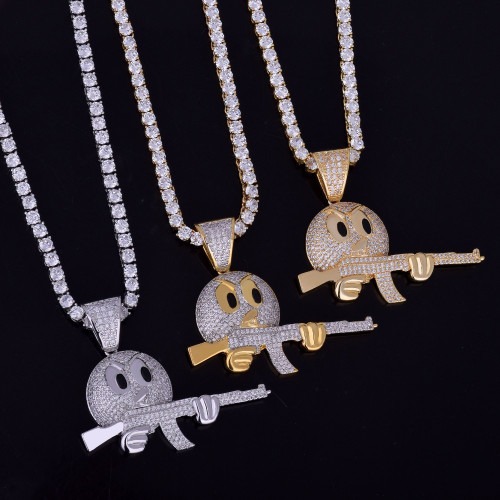 Flooded 1ce 18k Gold .925 Silver Ak47 Emoji Face AAA True Micro Pave Gun Pendant Chain Necklace