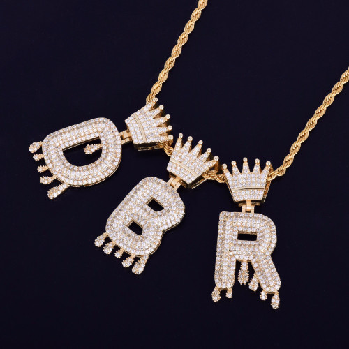 18k Gold .925 Silver Custom Crown Bail Drip Drop Initials Bubble Letters Hip Hop Pendant Chain Necklace