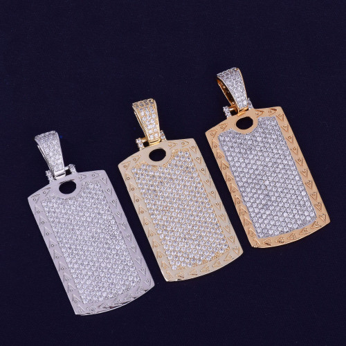 18k AAA Micro Pave Flooded Ice Cage Dog Tag Pendant Hip Hop Chain Necklace