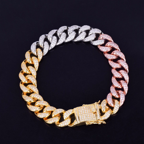 Rose Silver 24k 12MM Iced Out Mixed Color Miami Cuban Link Chain Bracelet